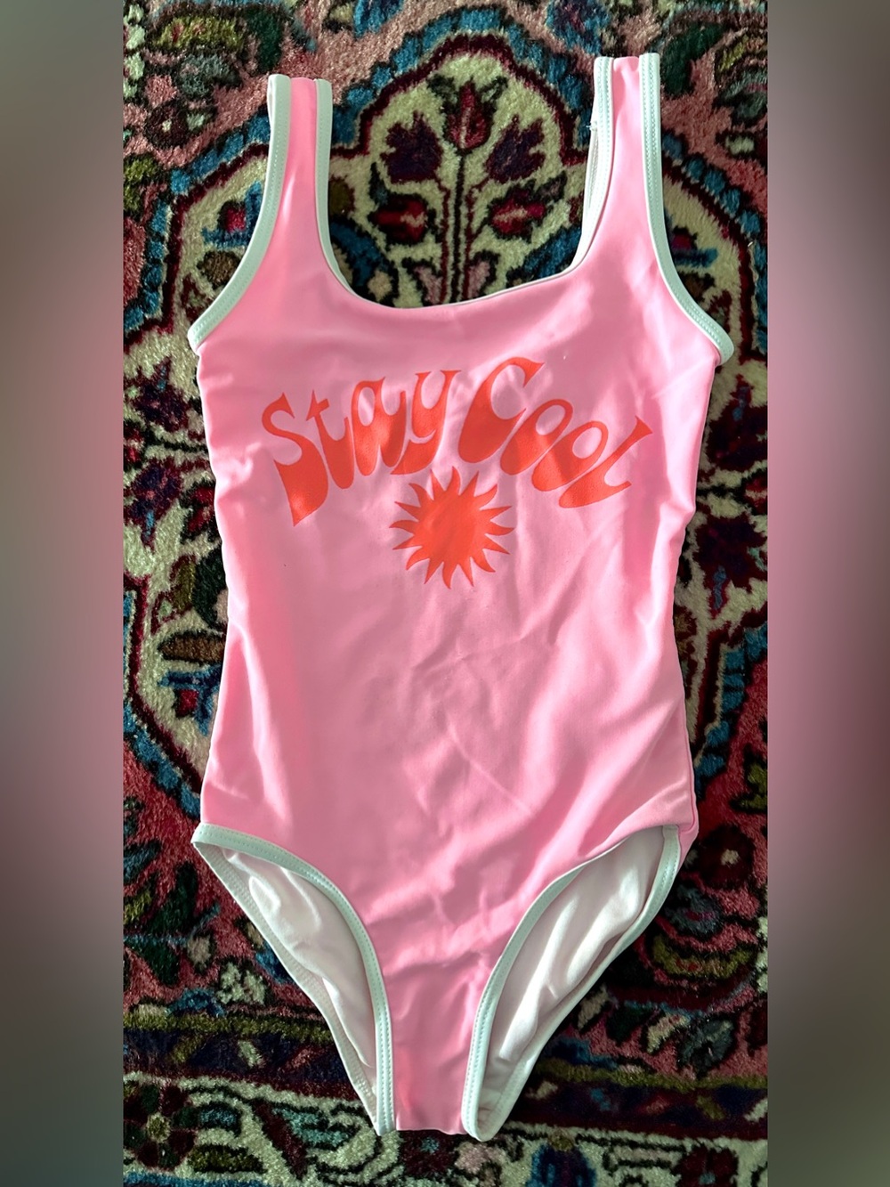 Old Navy Pink One-Piece Swimsuit with Orange Graphic